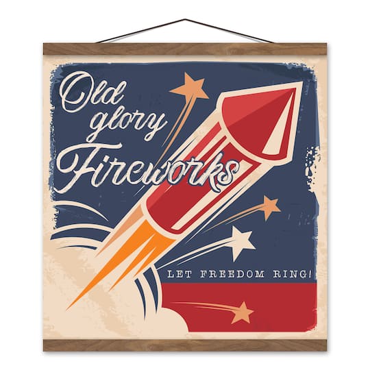Old Glory Fireworks Teak Hanging Canvas